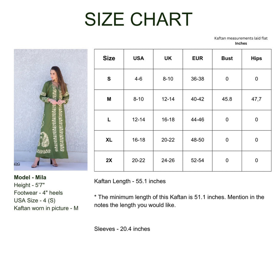 Boho Green embroidered cotton Caftan, summer caftan, embroidered Caftan dress, Caftan maxi dress, Caftans for women