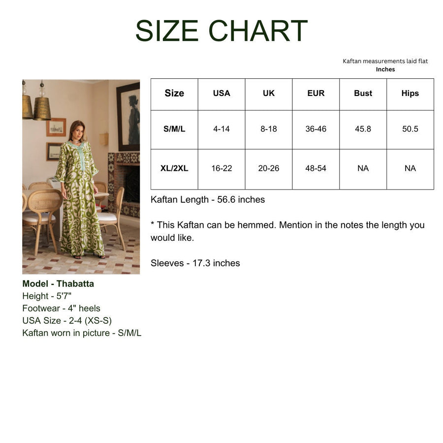 Chic green print Summer embroidered Kaftan, Caftan, caftans for women, Boho Kaftan dress, Caftans for women, summer kaftans, women