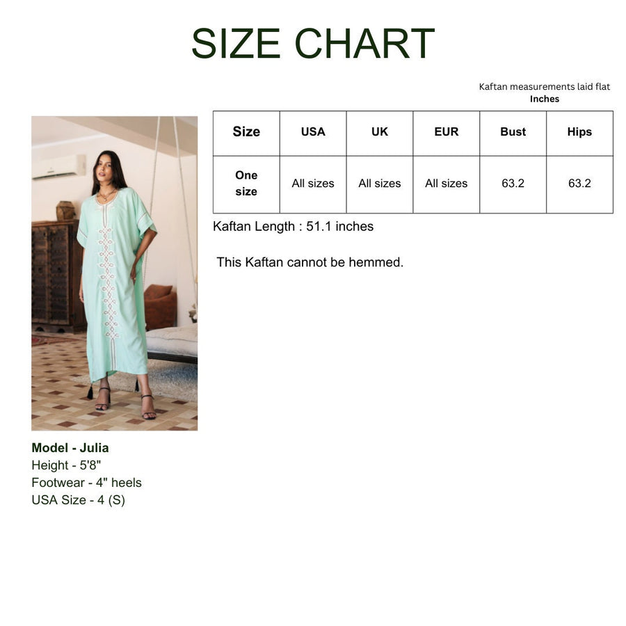 Chic light turquoise hand embroidered cotton caftans for women, women's kaftan, free size caftan, Summer Kaftan, cotton Caftans for women