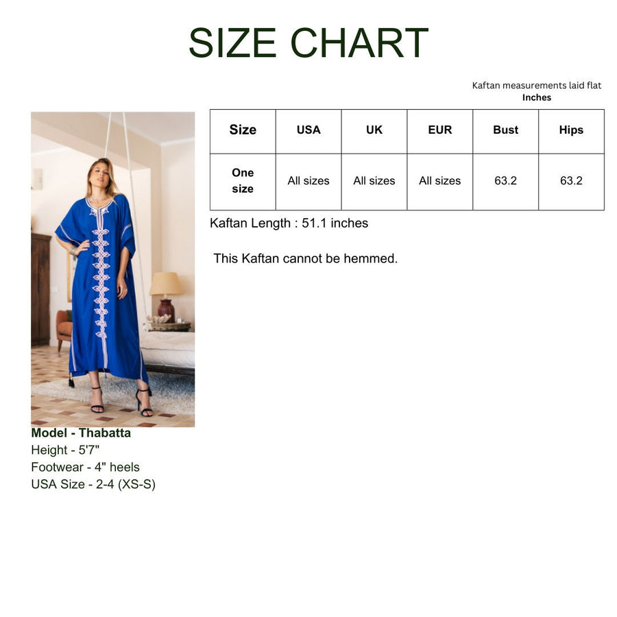 Chic blue hand embroidered cotton caftans for women, women's kaftan, free size caftan, Summer Kaftan, cotton Caftans for women