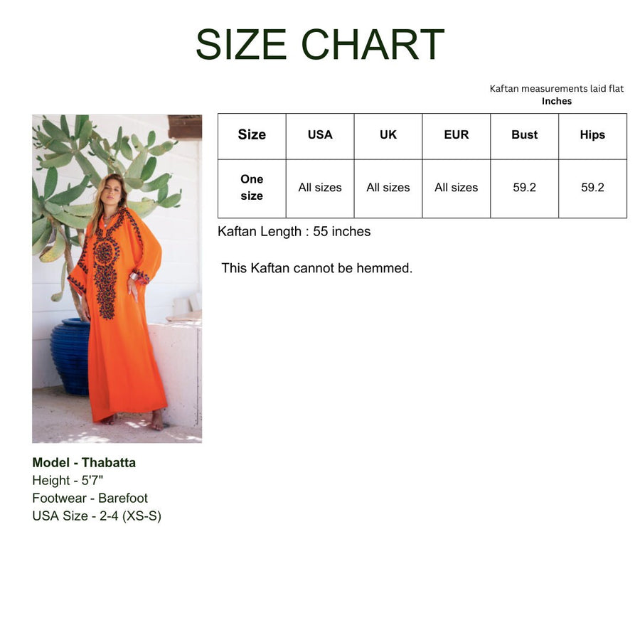 Flashy orange hand embroidered Kaftan for women, caftan, women's kaftan, free size Kaftan, Summer Kaftan, cotton Caftans