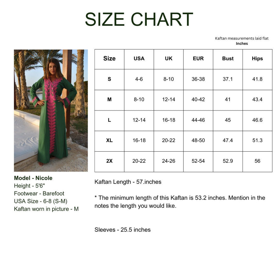 Green Autumn / Winter Bohemian Maxi kaftan dress, Long sleeve caftan, Chic embroidered caftan, High quality Egyptian cotton.