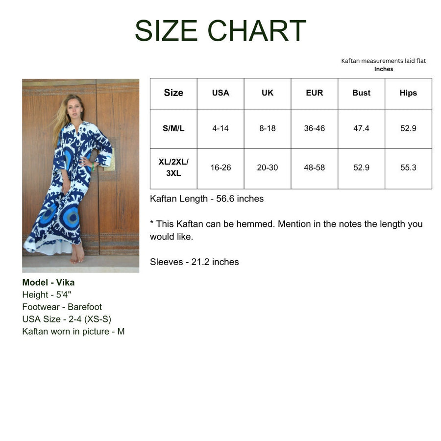 Blue Bohemian oriental inspired print Kaftan dress, Elegant colorful boho dress, Egyptian cotton. Free size S to 2XL