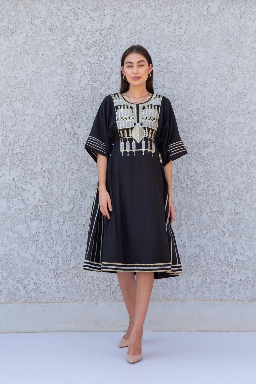 Black gold embroidered Tunic dress for women, cotton tunic dress, embroidered tunic kaftan, Egyptian cotton. Summer, casual, home dress