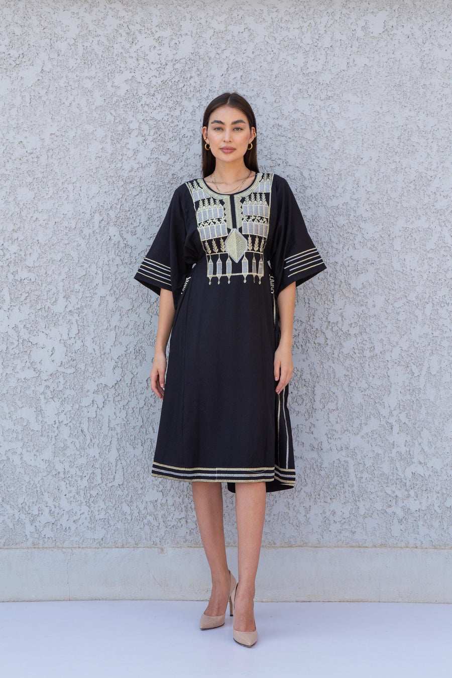 Black gold embroidered Tunic dress for women, cotton tunic dress, embroidered tunic kaftan, Egyptian cotton. Summer, casual, home dress