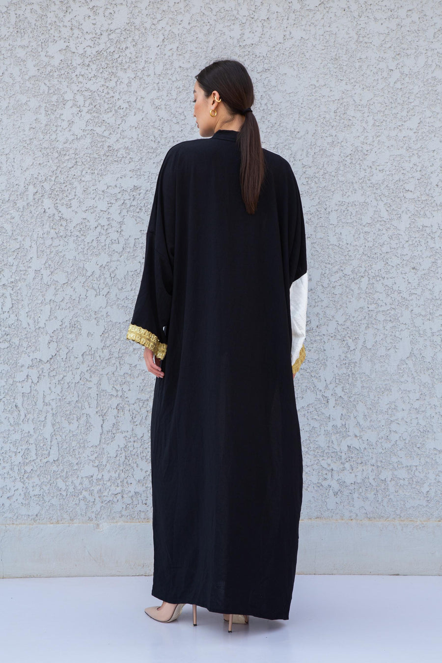 Luxurious gold embroidered caftan, half black/white linen/poly caftan, chic caftan, Summer Kaftan, Caftans for women, caftans for women