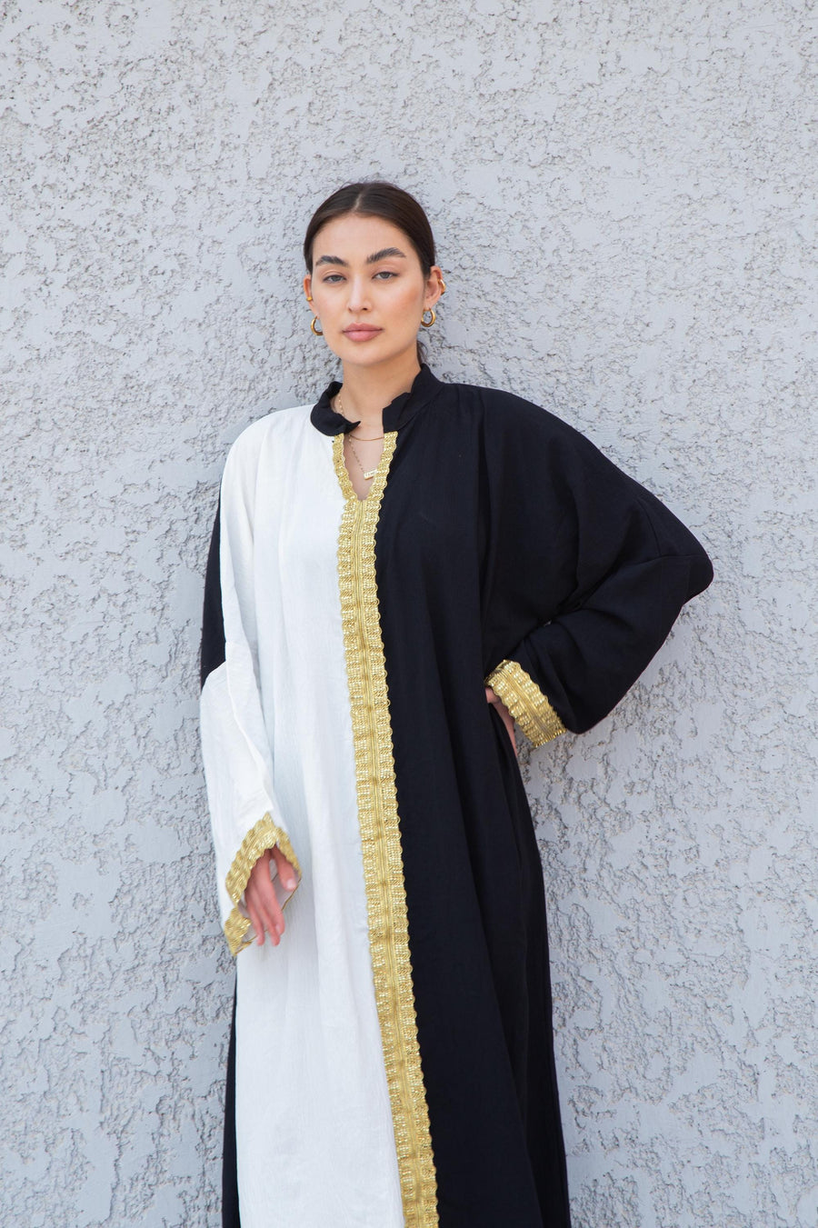 Luxurious gold embroidered caftan, half black/white linen/poly caftan, chic caftan, Summer Kaftan, Caftans for women, caftans for women