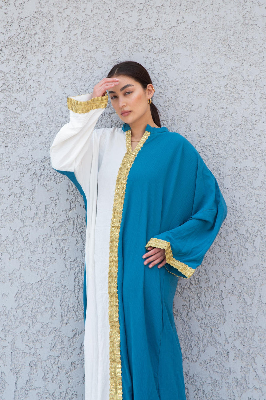 Luxurious gold embroidered caftan, half turquoise/white linen/poly caftan, chic caftan, Summer Kaftan, Caftans for women, caftans for women