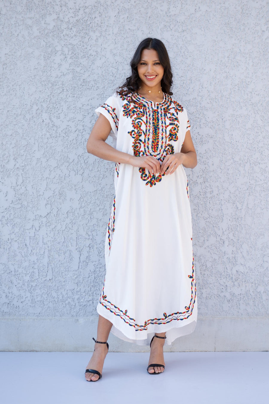 Colorful hand embroidered boho white caftan, women's caftan, Cotton Kaftan, Cotton caftan women, caftan, embroidered caftan, 01-25