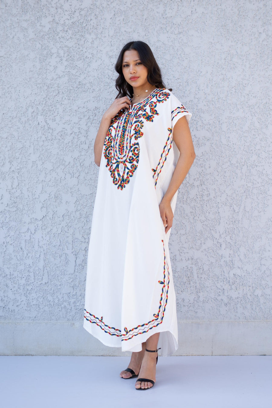 Colorful hand embroidered boho white caftan, women's caftan, Cotton Kaftan, Cotton caftan women, caftan, embroidered caftan, 01-25