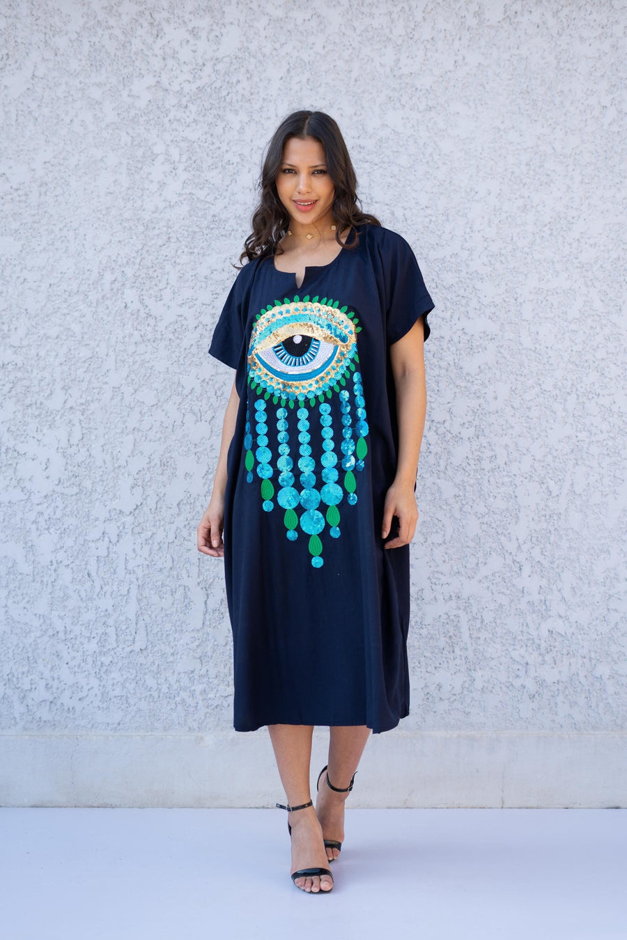 Evil eye Sequin Navy Blue Short midi kaftan dress, women's midi, Cotton Kaftan, Cotton caftan women, caftan, embroidered caftan 01-25