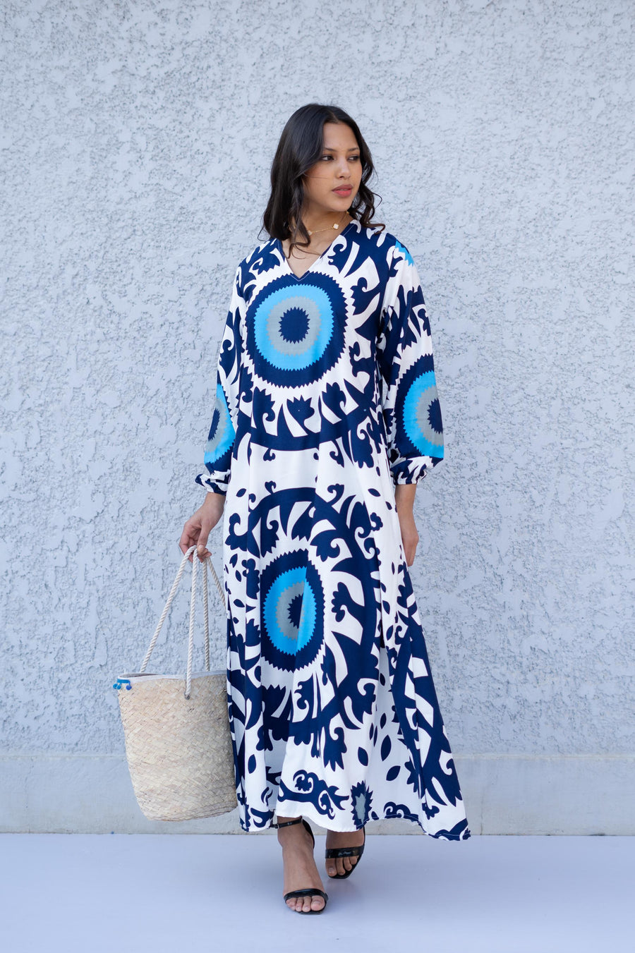 Evil Eye Blue Casual Long sleeve Boho Maxi dress with pockets, Caftans for women, Elegant colorful boho dress, Blue women kaftan