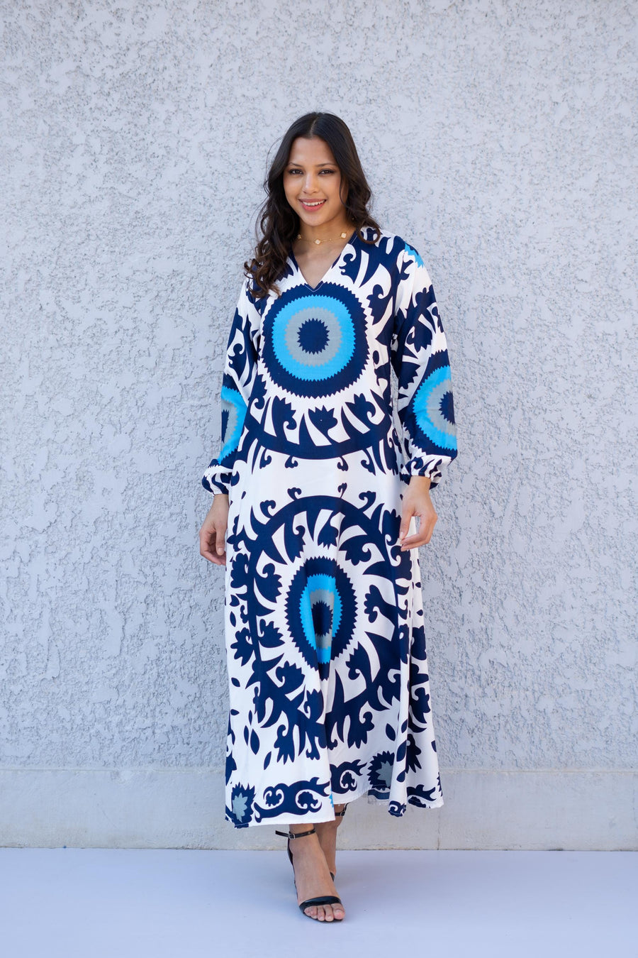 Evil Eye Blue Casual Long sleeve Boho Maxi dress with pockets, Caftans for women, Elegant colorful boho dress, Blue women kaftan