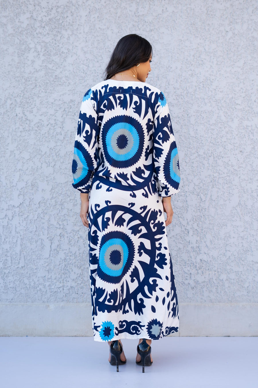 Evil Eye Blue Casual Long sleeve Boho Maxi dress with pockets, Caftans for women, Elegant colorful boho dress, Blue women kaftan