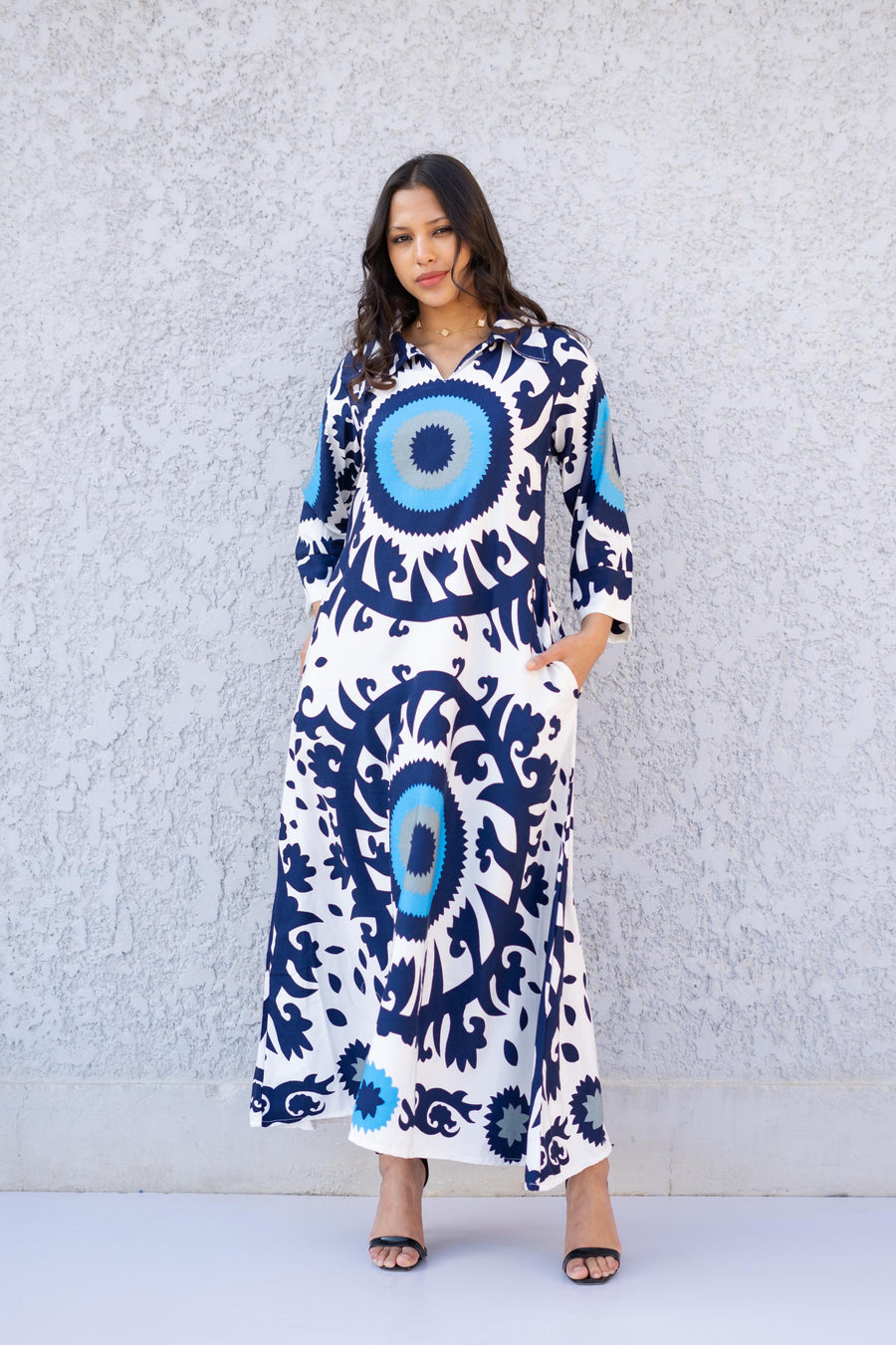 Collared neck Evil Eye 3/4 Sleeve Casual Long Boho Maxi dress with pockets, Caftans for women, Elegant colorful boho dress, women kaftan