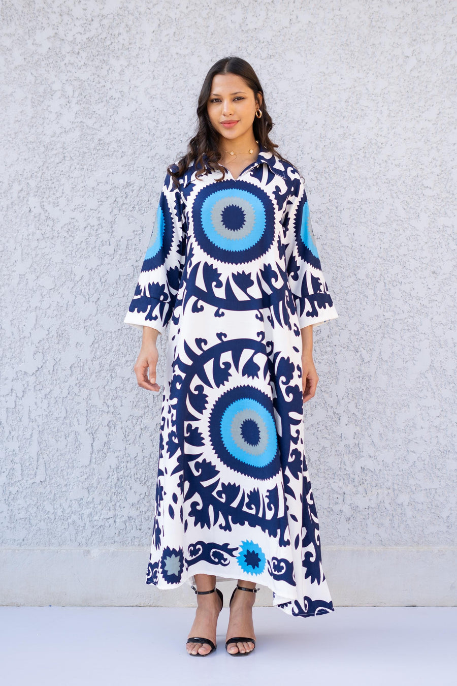 Collared neck Evil Eye 3/4 Sleeve Casual Long Boho Maxi dress with pockets, Caftans for women, Elegant colorful boho dress, women kaftan