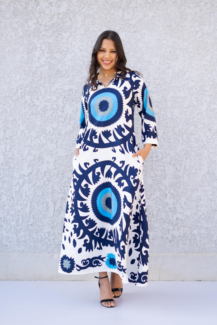 Collared neck Evil Eye 3/4 Sleeve Casual Long Boho Maxi dress with pockets, Caftans for women, Elegant colorful boho dress, women kaftan