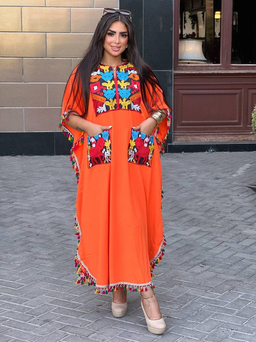 Boho Orange Tunic embroidered kaftan with pockets, embroidered tunic kaftan, cotton embroidered tunic dress, Summer tunic, vacation tunic