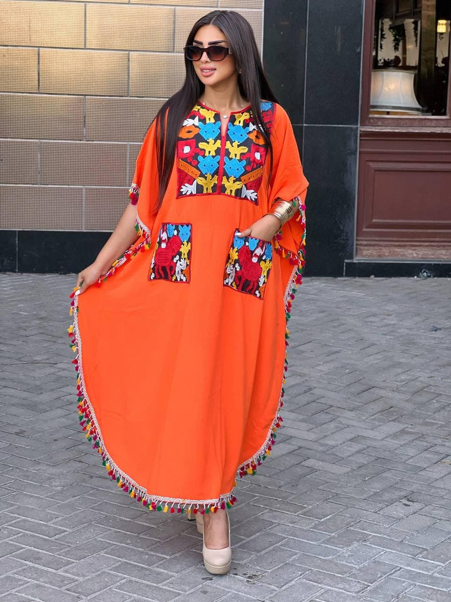 Boho Orange Tunic embroidered kaftan with pockets, embroidered tunic kaftan, cotton embroidered tunic dress, Summer tunic, vacation tunic