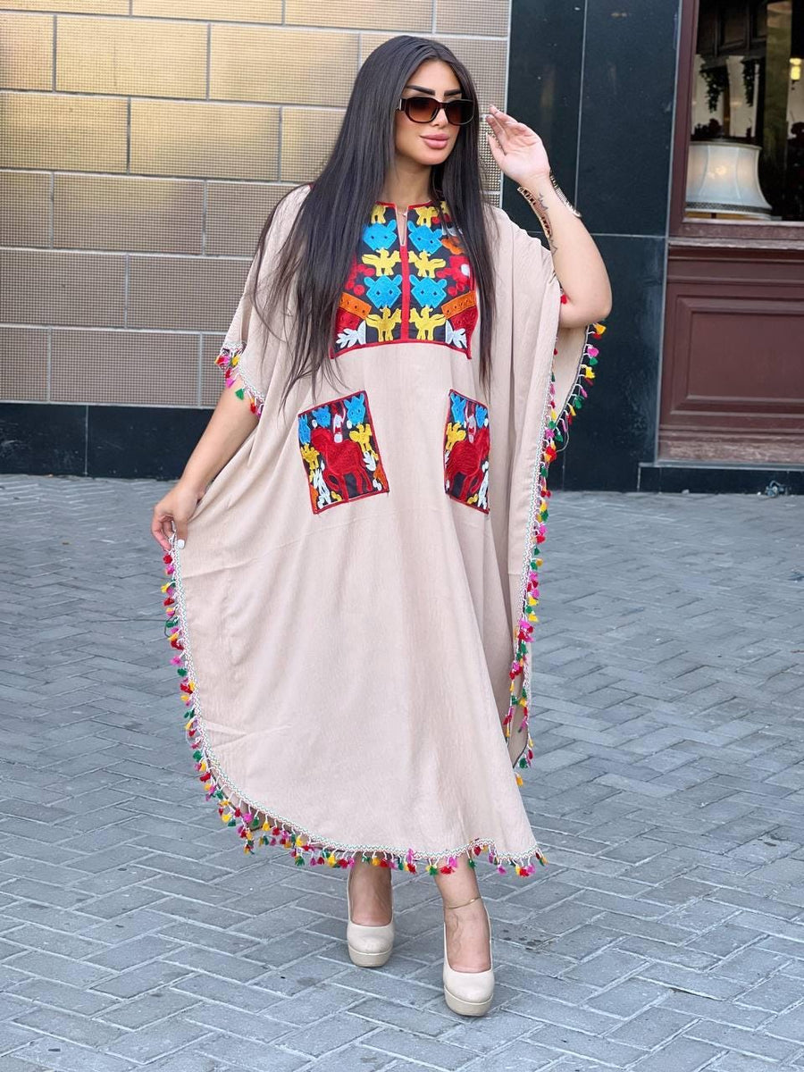 Boho Beige Vacation Caftan with pockets, Caftans for women, embroidered tunic kaftan, cotton embroidered tunic dress, Summer tunic