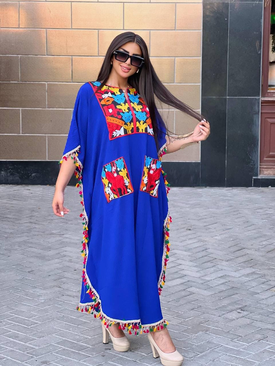 Boho Blue Vacation Caftan with pockets, Caftans for women, embroidered tunic kaftan, cotton embroidered tunic dress, Summer tunic