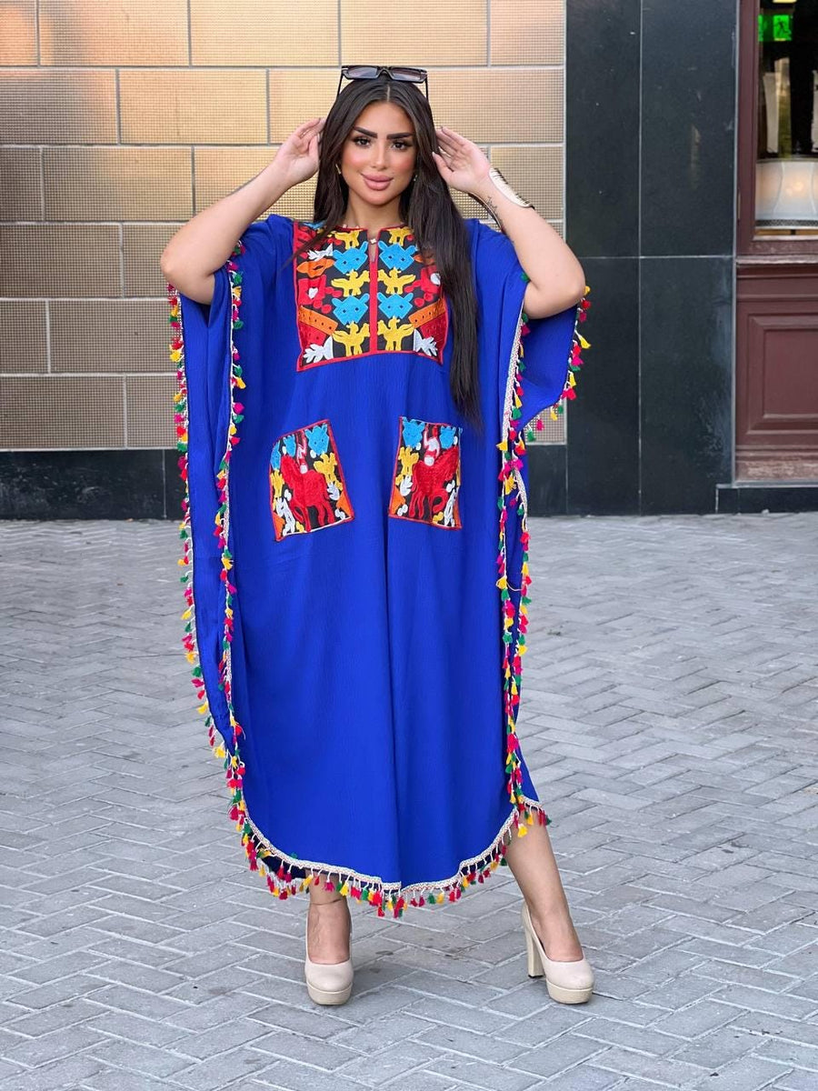 Boho Blue Vacation Caftan with pockets, Caftans for women, embroidered tunic kaftan, cotton embroidered tunic dress, Summer tunic