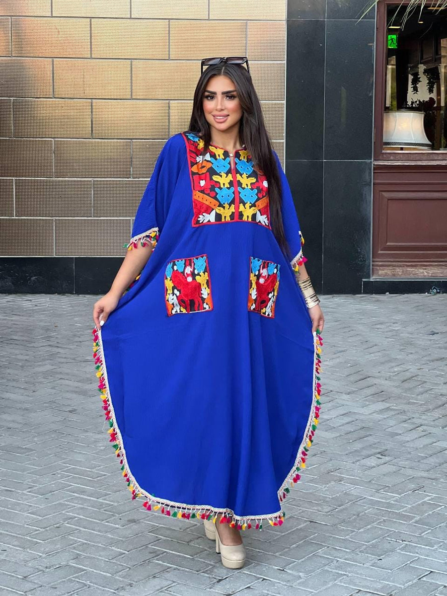 Boho Blue Vacation Caftan with pockets, Caftans for women, embroidered tunic kaftan, cotton embroidered tunic dress, Summer tunic