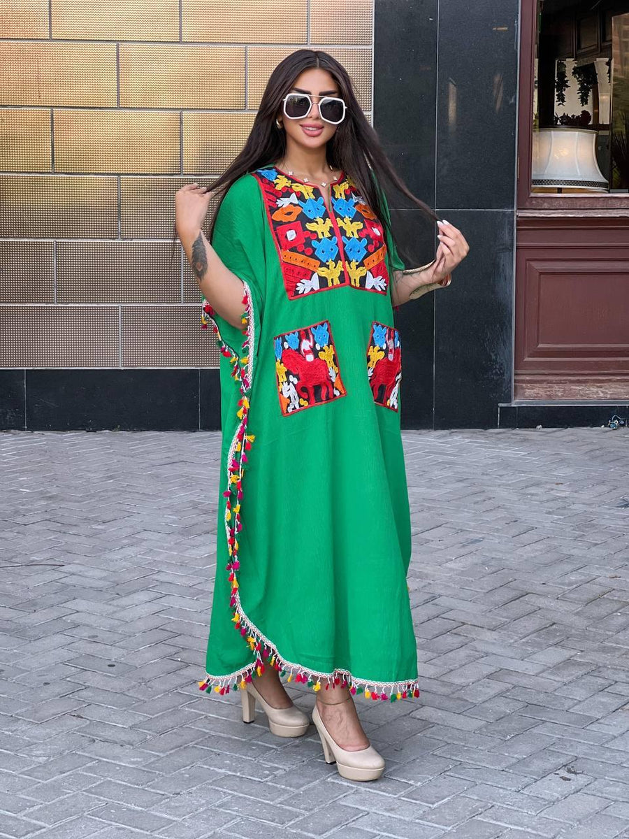 Bohemian Green Summer Caftan with pockets, Caftans for women, embroidered tunic kaftan, Linen/Poly embroidered tunic dress, Summer tunic