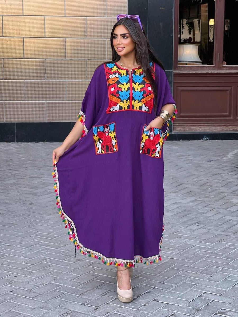 Bohemian Purple Summer Caftan with pockets, Caftans for women, embroidered tunic kaftan, Linen/Poly embroidered tunic dress, Summer tunic