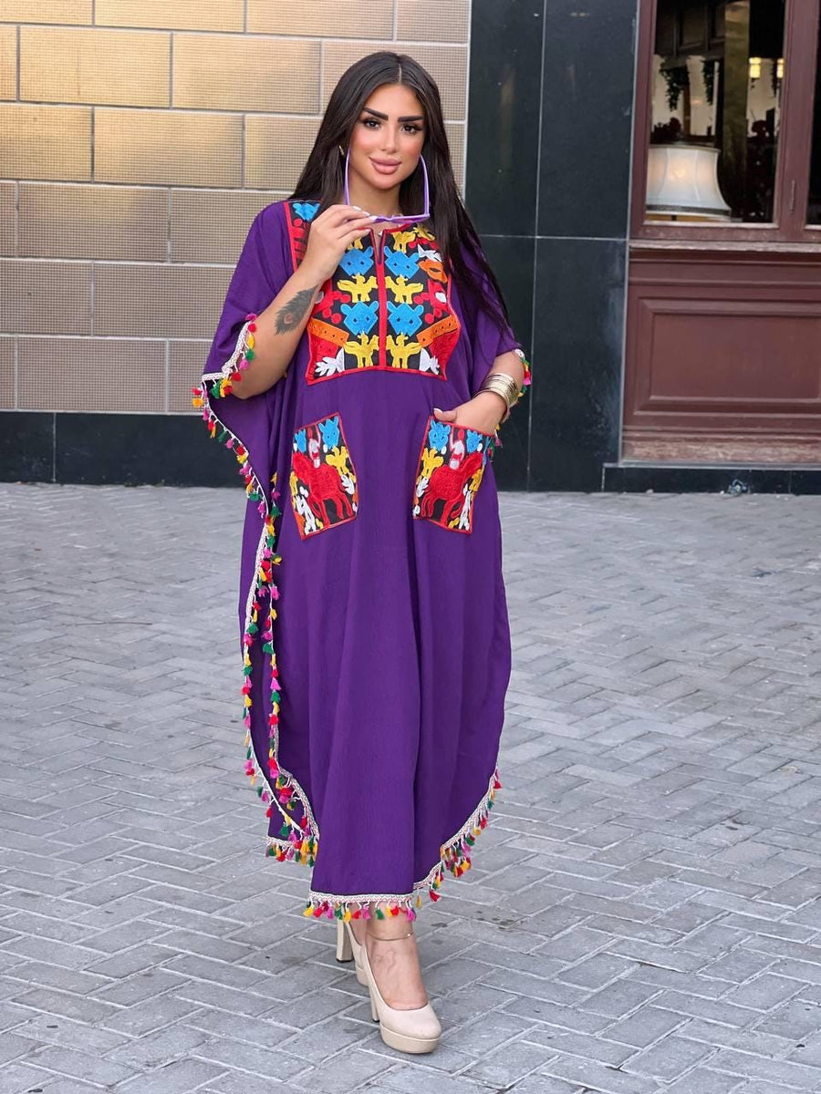 Bohemian Purple Summer Caftan with pockets, Caftans for women, embroidered tunic kaftan, Linen/Poly embroidered tunic dress, Summer tunic