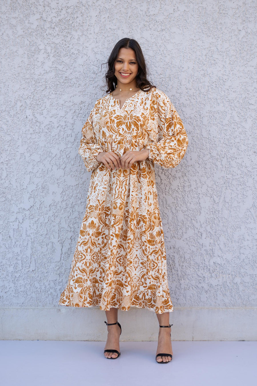 Boho Mustard Cotton Midi Kaftan Maxi dress, Wide Puffy sleeves caftan dress, caftans for women, Boho Kaftan dress, Caftans for women