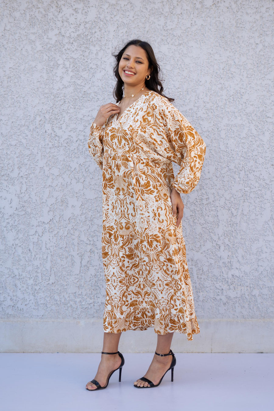 Boho Mustard Cotton Midi Kaftan Maxi dress, Wide Puffy sleeves caftan dress, caftans for women, Boho Kaftan dress, Caftans for women