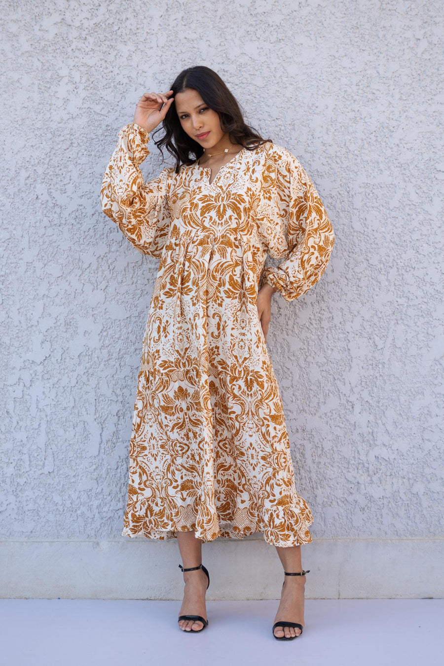 Boho Mustard Cotton Midi Kaftan Maxi dress, Wide Puffy sleeves caftan dress, caftans for women, Boho Kaftan dress, Caftans for women