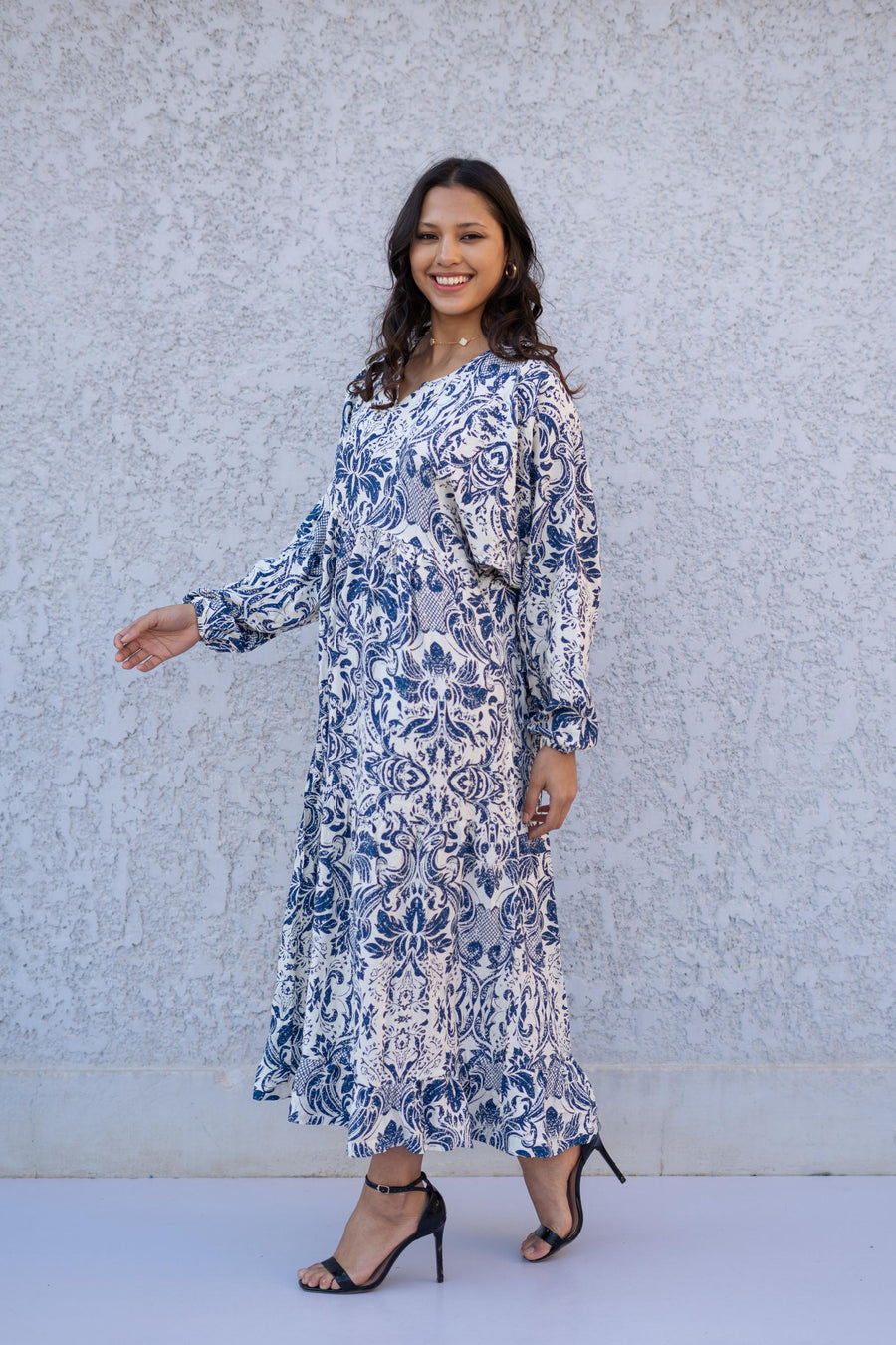 Blue Midi Cotton Print Kaftan Maxi dress, Boho Wide Puffy sleeves caftan dress, caftans for women, Boho Kaftan dress, Caftans for women