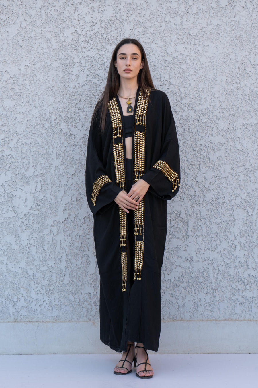 Stunning black Hand stitched cotton Kimono, Cotton Abaya with hand stitched beads, Boho summer Cardigan, ethnic duster for women