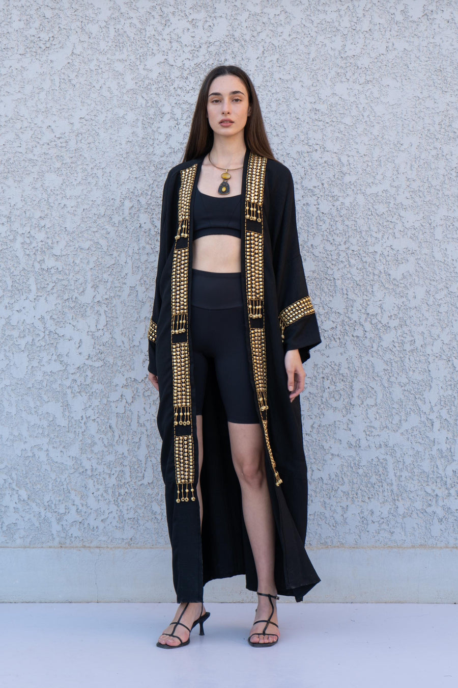 Stunning black Hand stitched cotton Kimono, Cotton Abaya with hand stitched beads, Boho summer Cardigan, ethnic duster for women