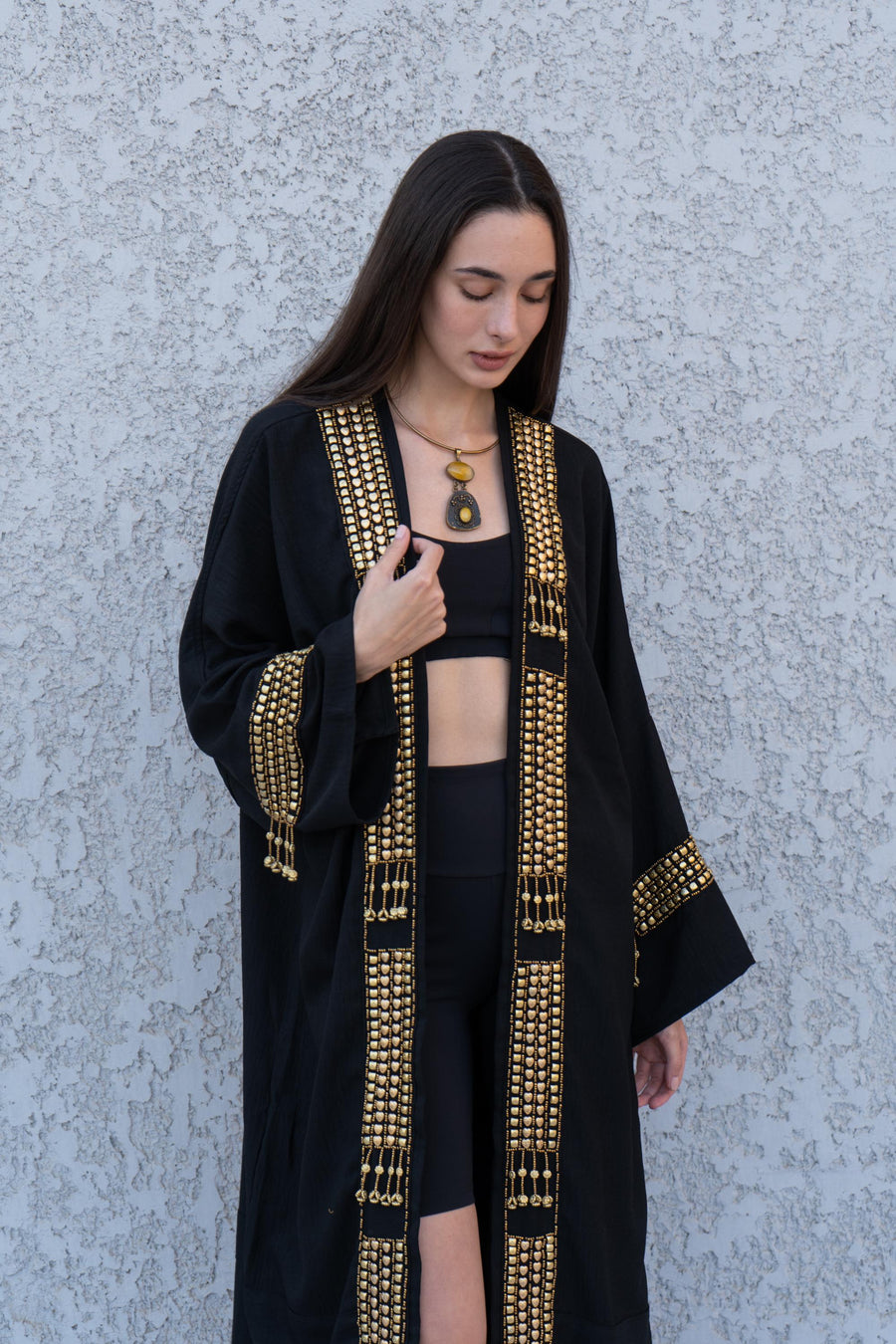 Stunning black Hand stitched cotton Kimono, Cotton Abaya with hand stitched beads, Boho summer Cardigan, ethnic duster for women