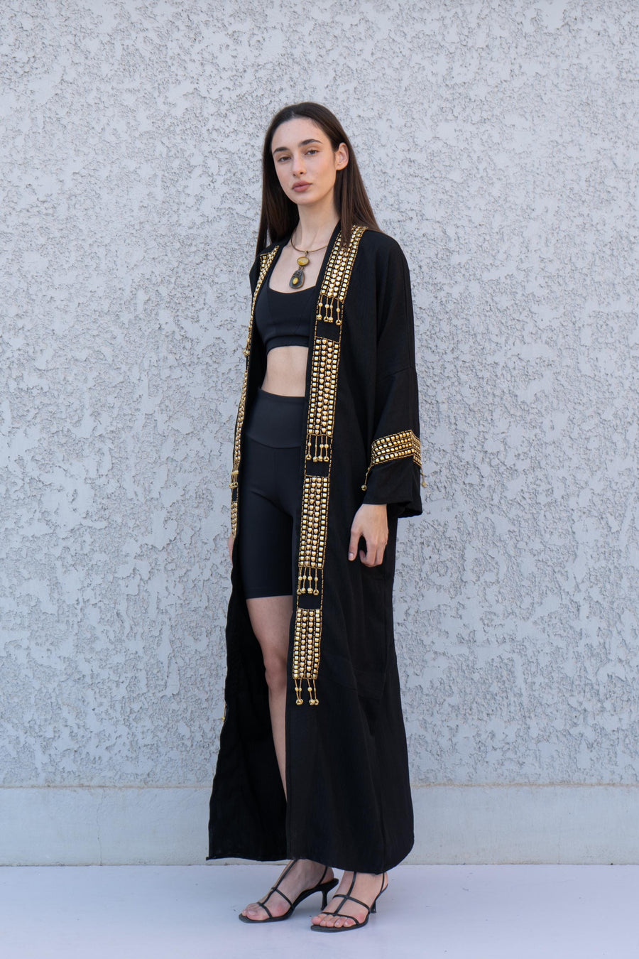 Stunning black Hand stitched cotton Kimono, Cotton Abaya with hand stitched beads, Boho summer Cardigan, ethnic duster for women