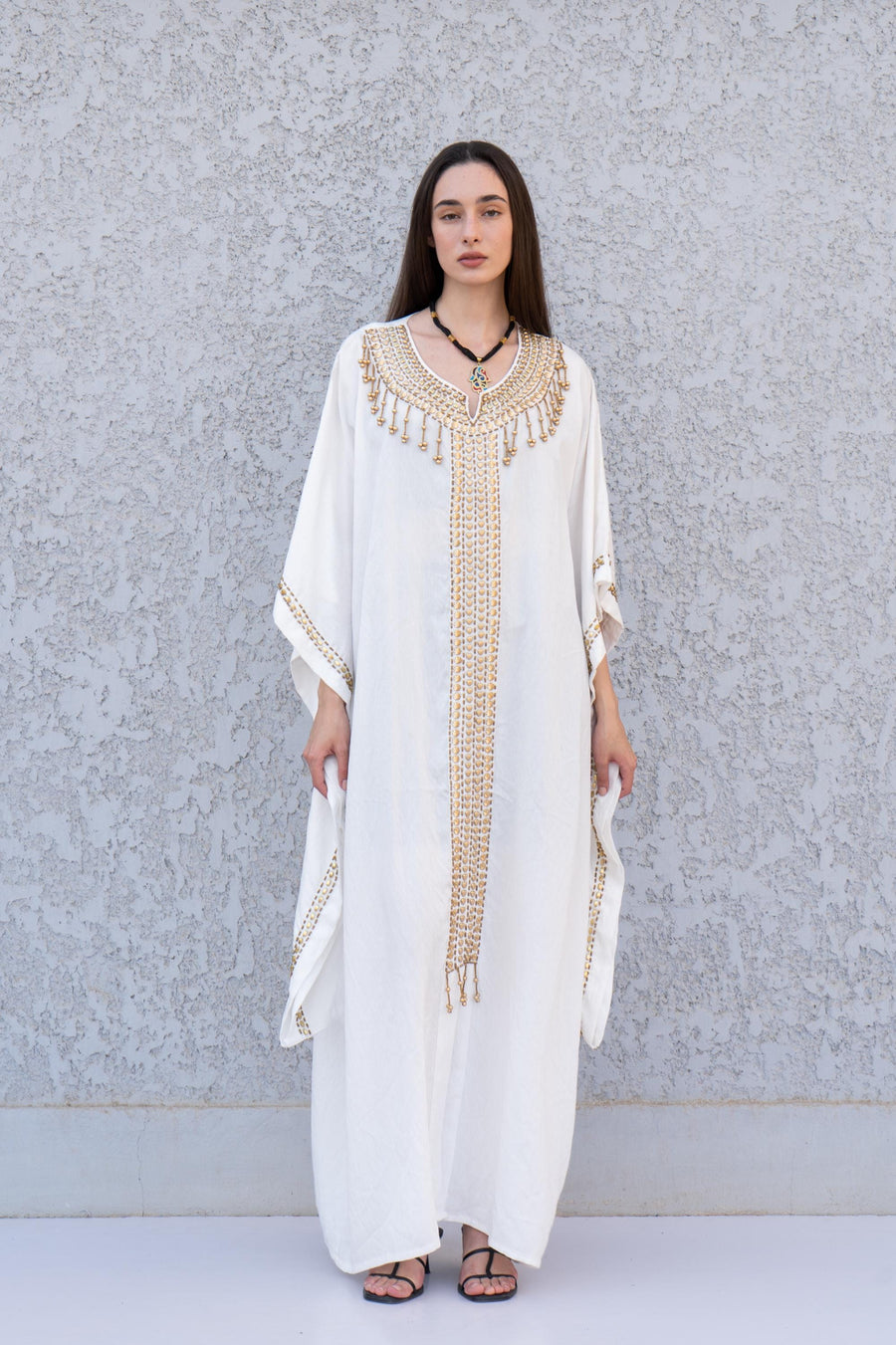 Exotic Egyptian white cotton Kaftan, One of a kind hand caftan with hand stitched beads, Plus size Kaftan, Handmade Kaftan, Ethnic Kaftan