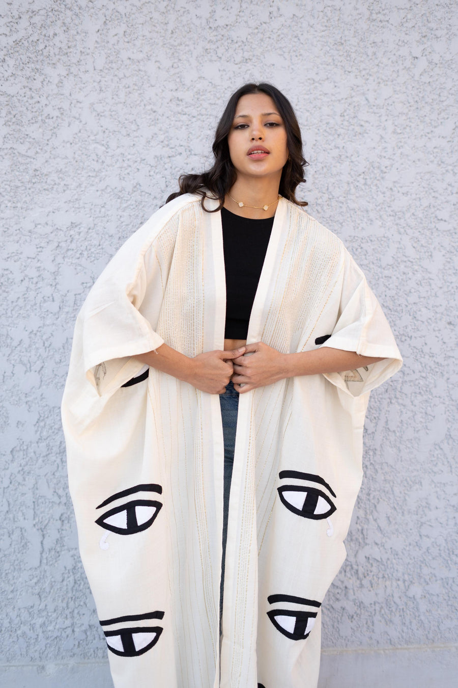 Stunning Off White Horus eye hand loomed Abaya, Gold abaya with silver threads, embroidered Abaya, Embroidered Kimono, Kimonos for women