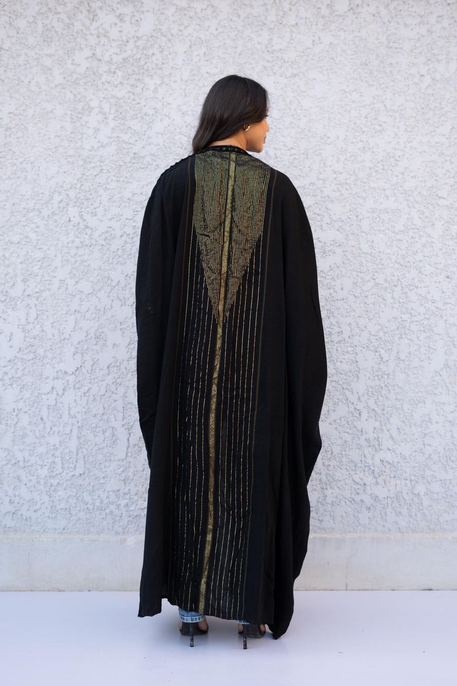 Stunningly chic Gold thread hand loomed Winter Abaya, crochet detail, Winter Wool Kimono, Black Kimono, Boho Kimono, Abaya, Handmade Abaya