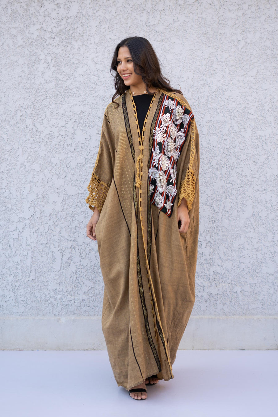 Vintage Patched Gold hand loomed Winter Abaya, Gold threads and crochet detail Abaya, Black Kimono, Boho Kimono, Abaya, Handmade Abaya