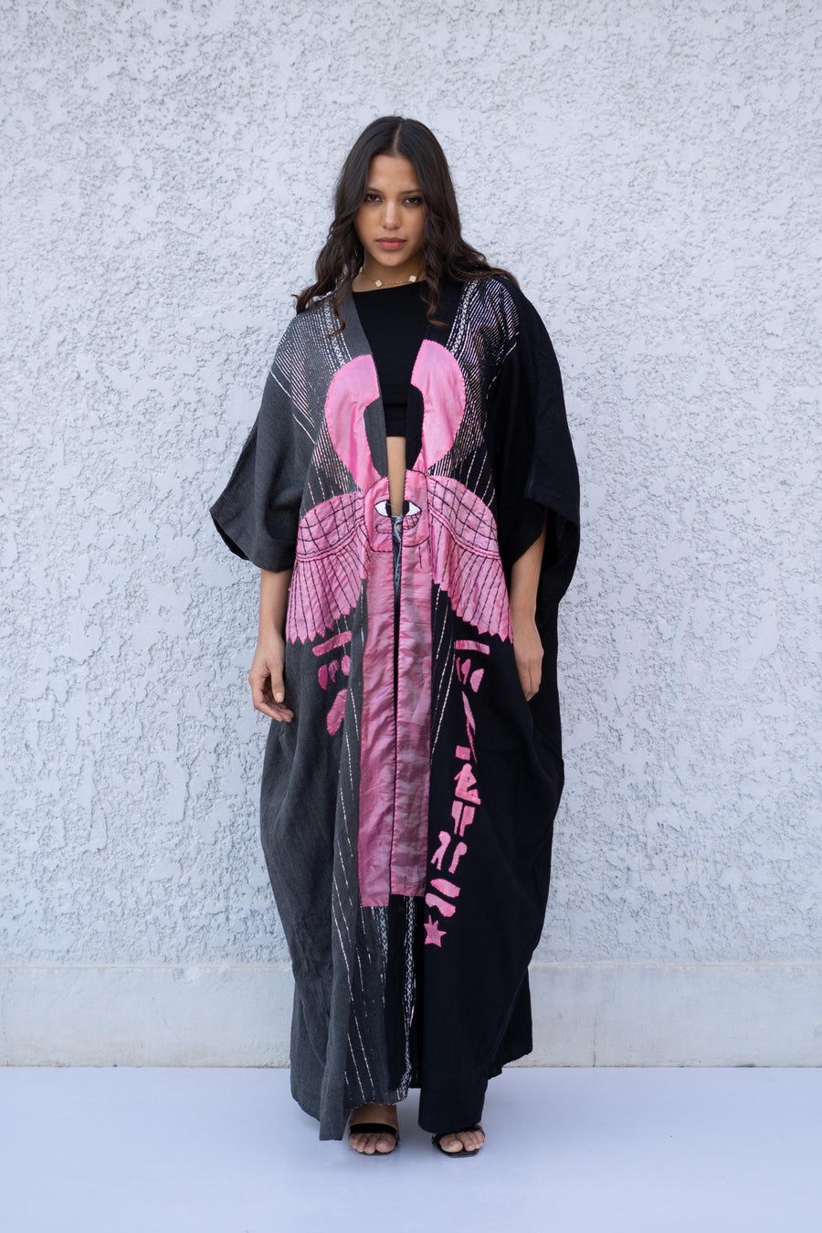 Stunning Egyptian Ankh Hand Stitched hand loomed Abaya, Gold threads and crochet detail Abaya, Black Kimono, Boho Kimono, Handmade Abaya