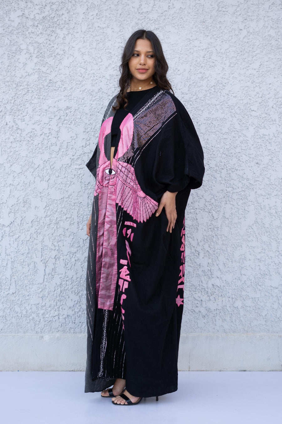 Stunning Egyptian Ankh Hand Stitched hand loomed Abaya, Gold threads and crochet detail Abaya, Black Kimono, Boho Kimono, Handmade Abaya