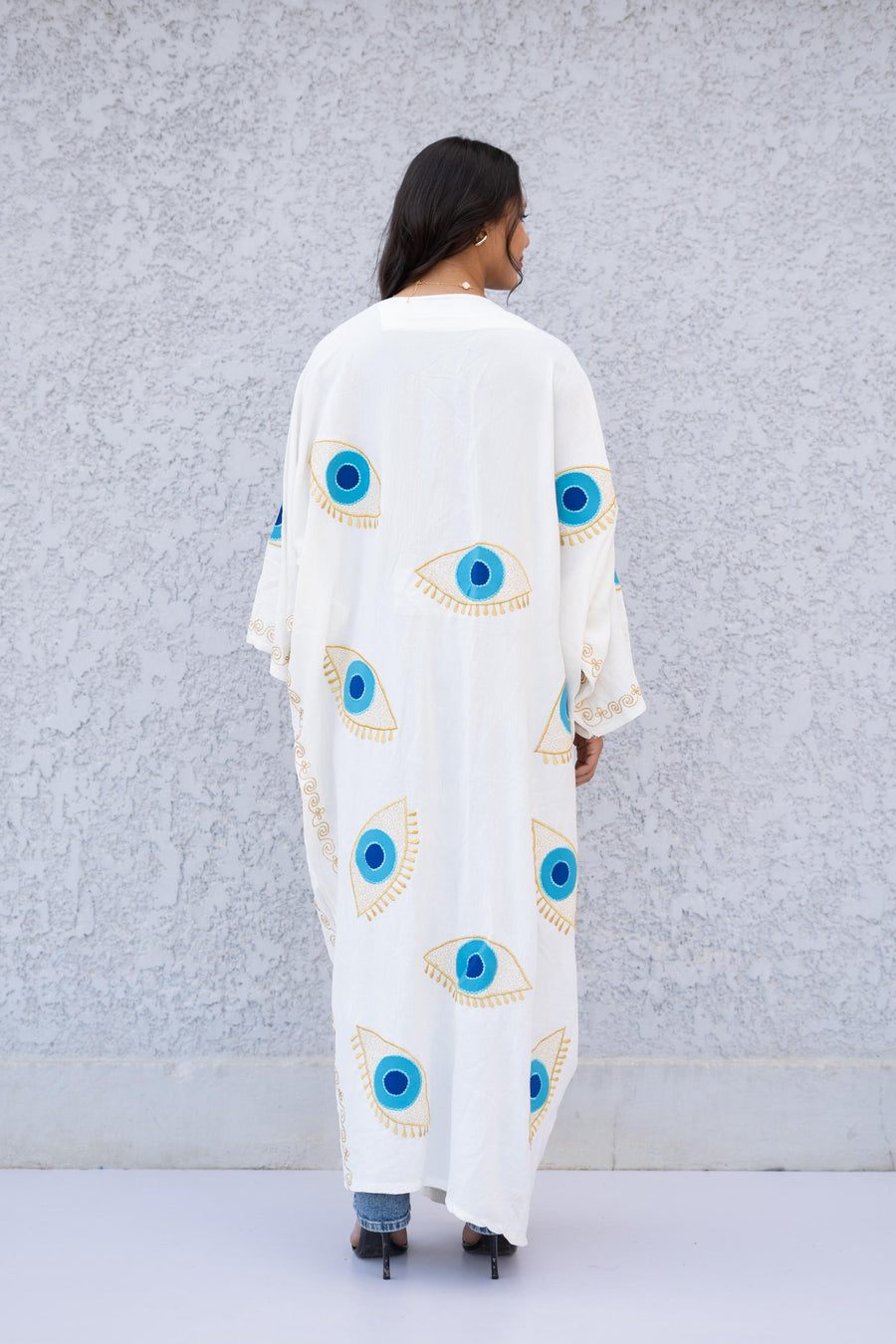 White Evil eye Embroidered Gold detailed Abaya, Boho Kimono Cardigan, Women' Cardigans, Boho Cardigan, Duster, Black Cardigan, Kimonos