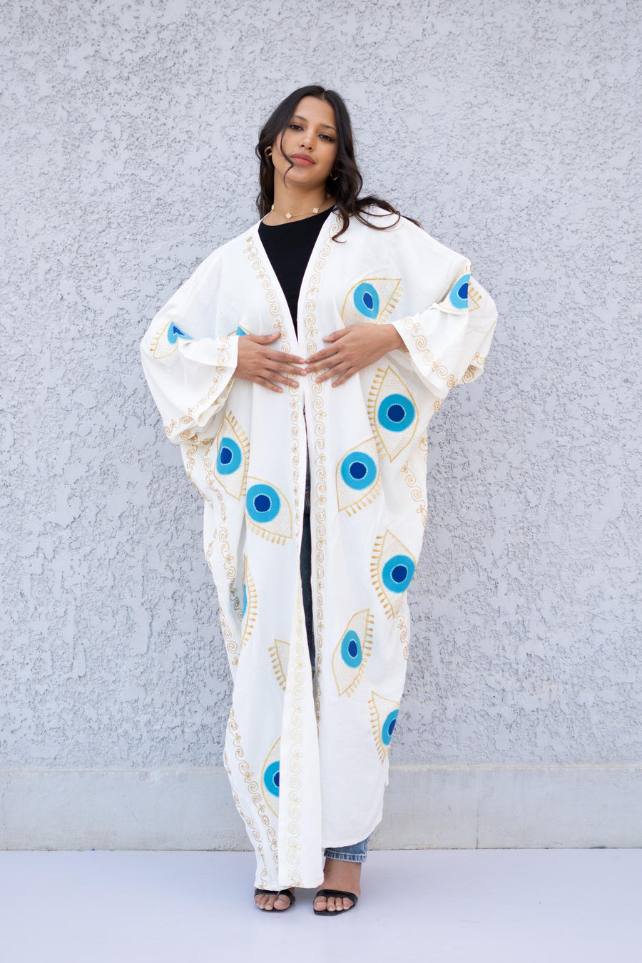 White Evil eye Embroidered Gold detailed Abaya, Boho Kimono Cardigan, Women' Cardigans, Boho Cardigan, Duster, Black Cardigan, Kimonos