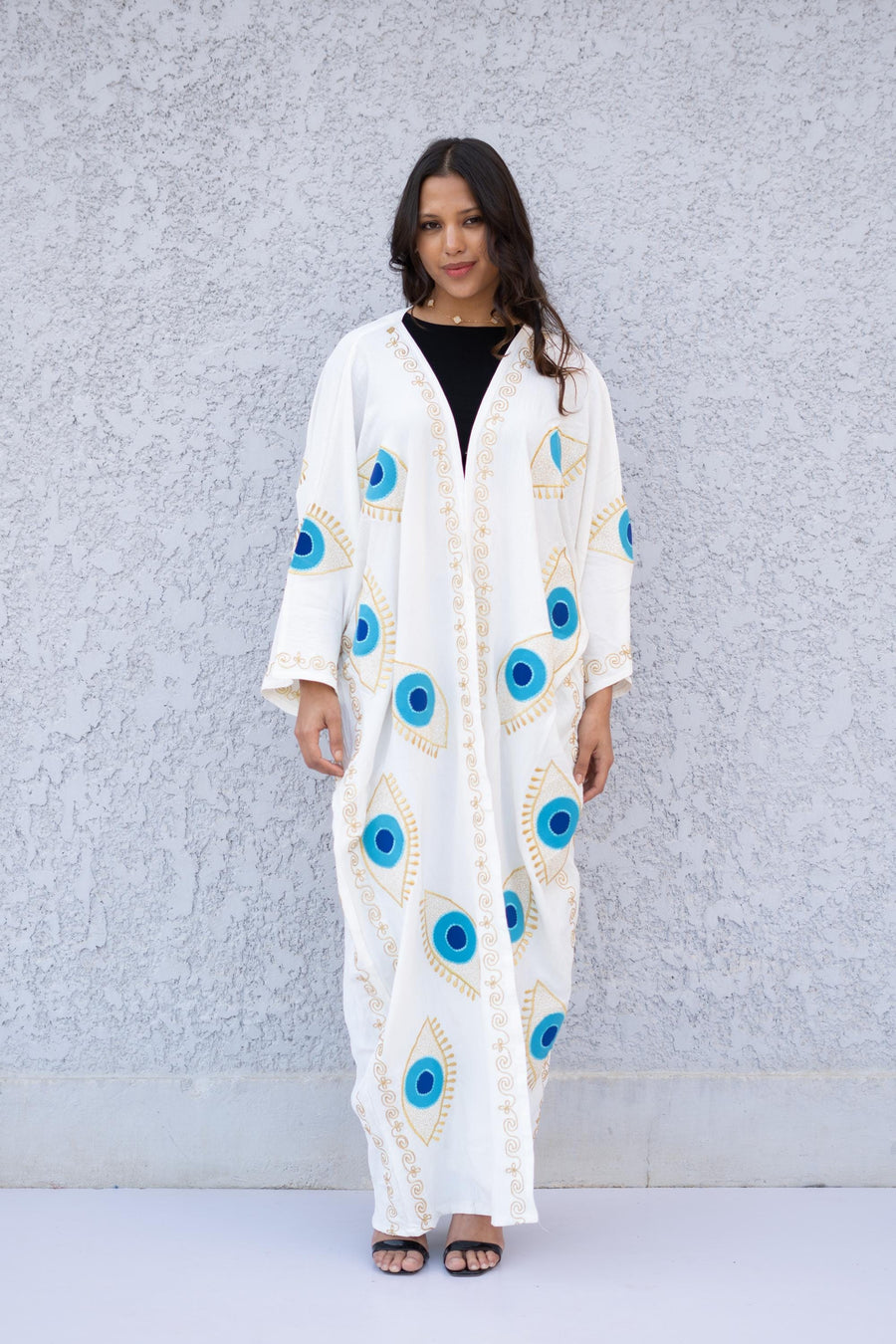 White Evil eye Embroidered Gold detailed Abaya, Boho Kimono Cardigan, Women' Cardigans, Boho Cardigan, Duster, Black Cardigan, Kimonos