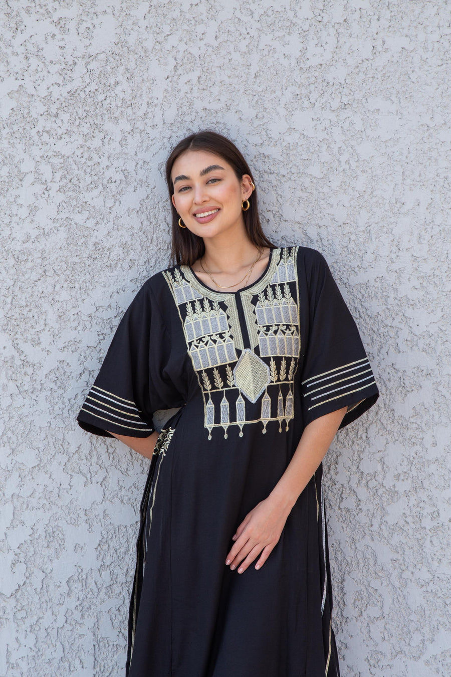 Black gold embroidered Tunic dress for women, cotton tunic dress, embroidered tunic kaftan, Egyptian cotton. Summer, casual, home dress