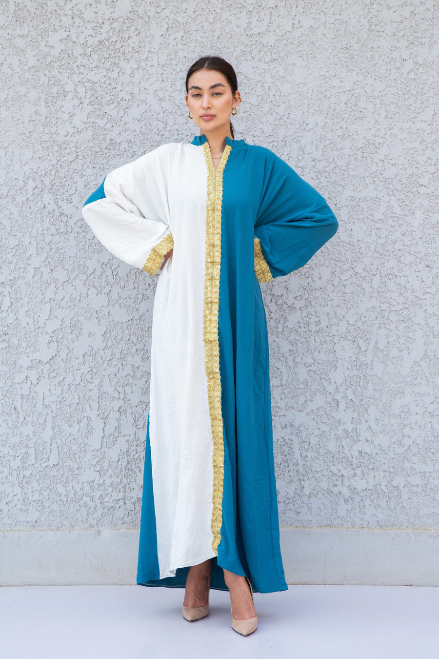 Luxurious gold embroidered caftan, half turquoise/white linen/poly caftan, chic caftan, Summer Kaftan, Caftans for women, caftans for women