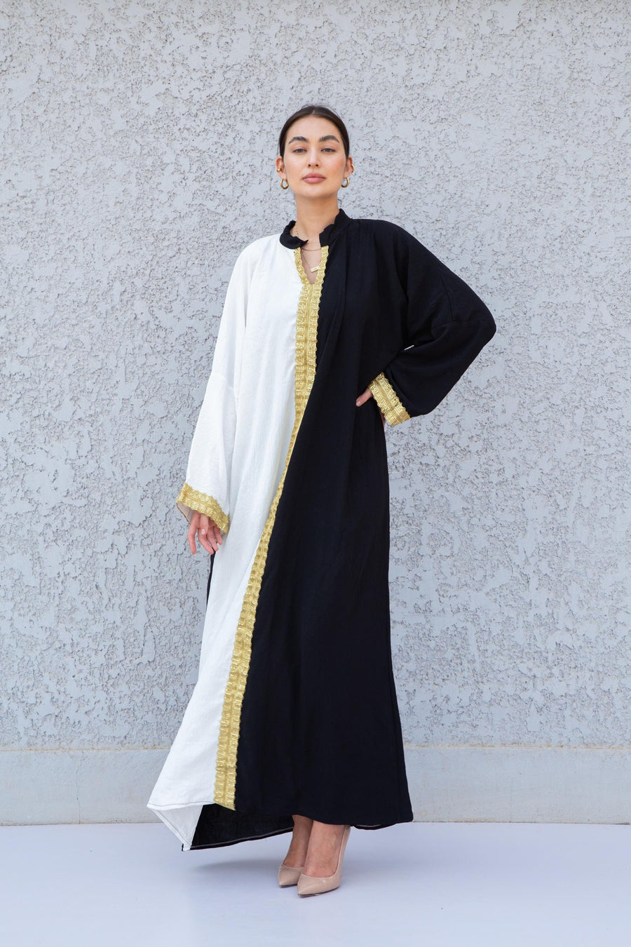 Luxurious gold embroidered caftan, half black/white linen/poly caftan, chic caftan, Summer Kaftan, Caftans for women, caftans for women